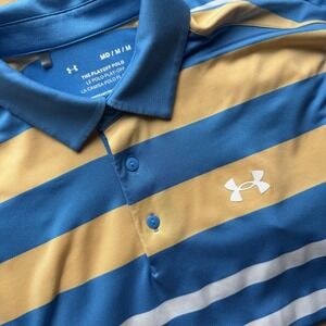 Under Armour The Playoff Polo Shirt Men's Medium Blue Yellow Striped Loose Fit